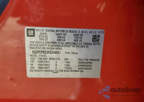 2015 Chevrolet Silverado C1500 from USA, damaged, VIN 3GCPCPEC0FG244561